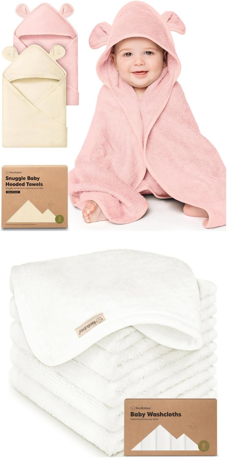 KeaBabies 2-Pack Hooded Baby Towels for Newborn and Baby Washcloths for Infants - 100% Soft and Absorbent for Newborns, Infant, Bath Cloth and Face Washcloths