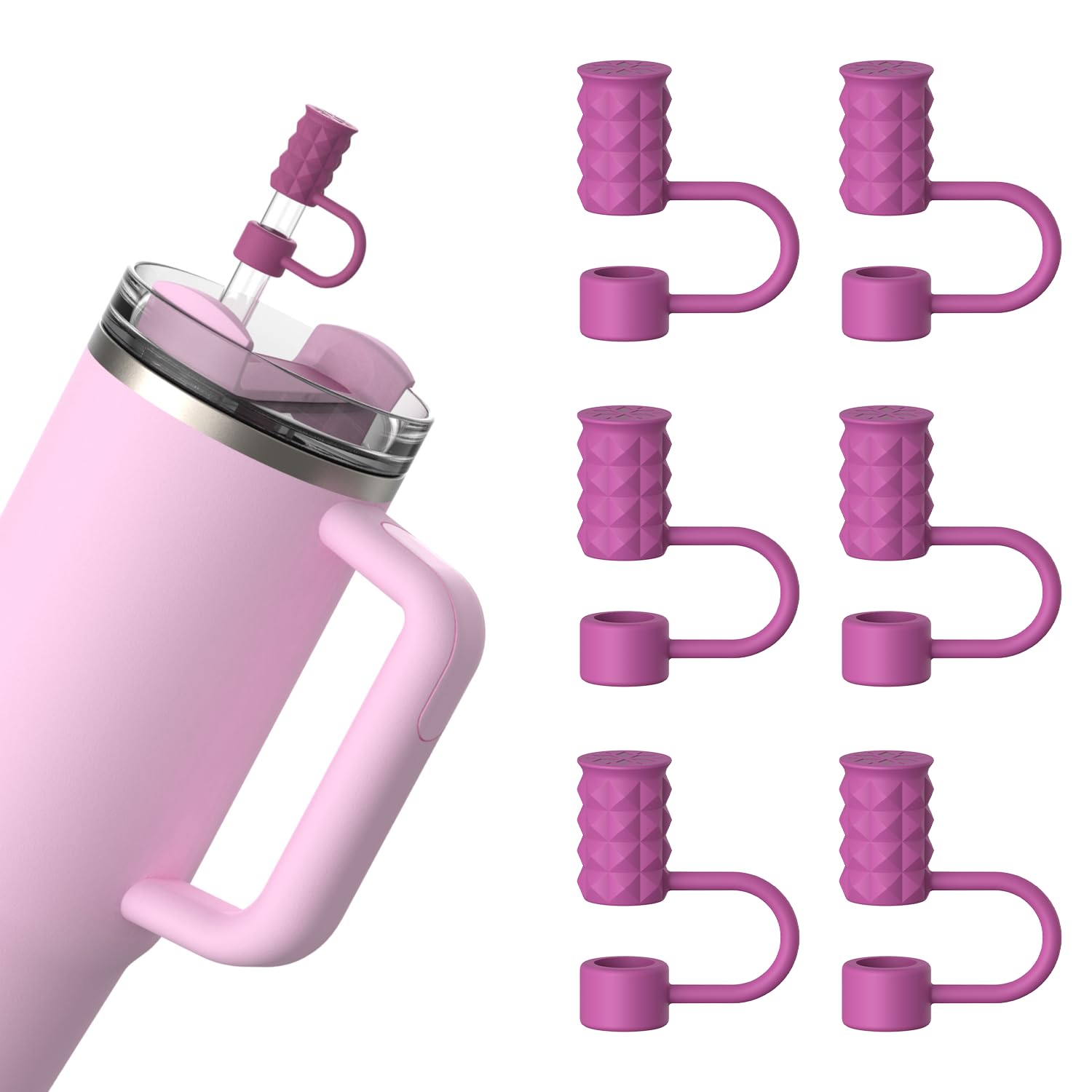 6Pcs 0.39in/10mm Silicone Straw Covers Cap Compatible with Stanley Cup 40 & 30 oz, Reusable Dust-Proof Straw Toppers for Tumbler with Handle, Rose Red