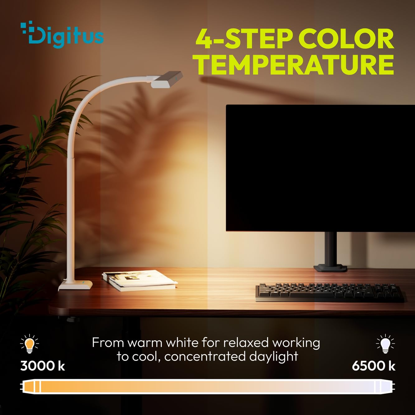 Digitus Lampada da scrivania a LED – 2400 lumen – 80 cm di larghezza – 16 W | 1000 lux – Temperatura di colore a 4 livelli – Regolabile – Comando touch – Braccio flessibile – Base a morsetto – Bianco