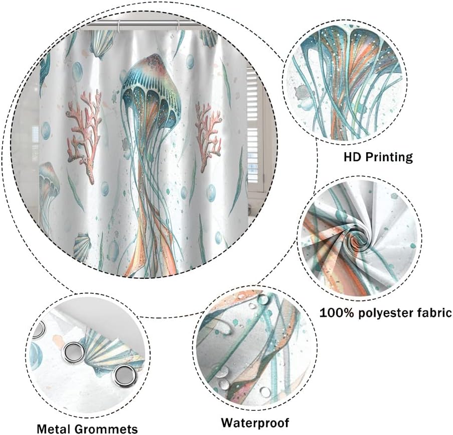 Wonderful Jellyfish Shower Curtain Fantasy Marine Life Coral Bubble Seabed World Bath Curtains with Hooks Fabric Waterproof Accessories Decor Bathroom, 72x84 Inch