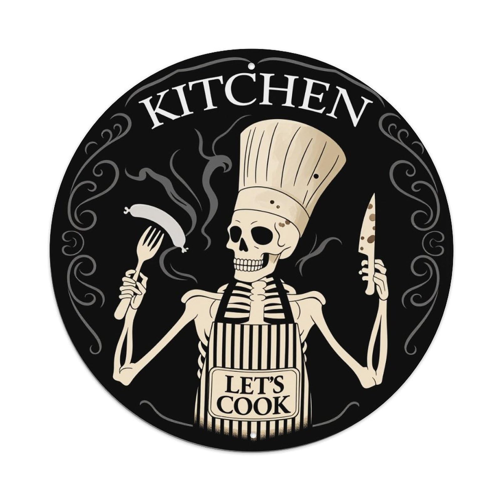 Skeleton Chef Cooking Apron Knife Vintage Round Tin Sign Retro Metal Wall Decor Metal Poster, Home Bar Garage Cafe Wall Art Decoration 8x8Inches