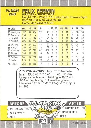 Miniatura 2 de 1989 Fleer #208 Felix Fermin NM-MT Pittsburgh Pirates Baseball MLB