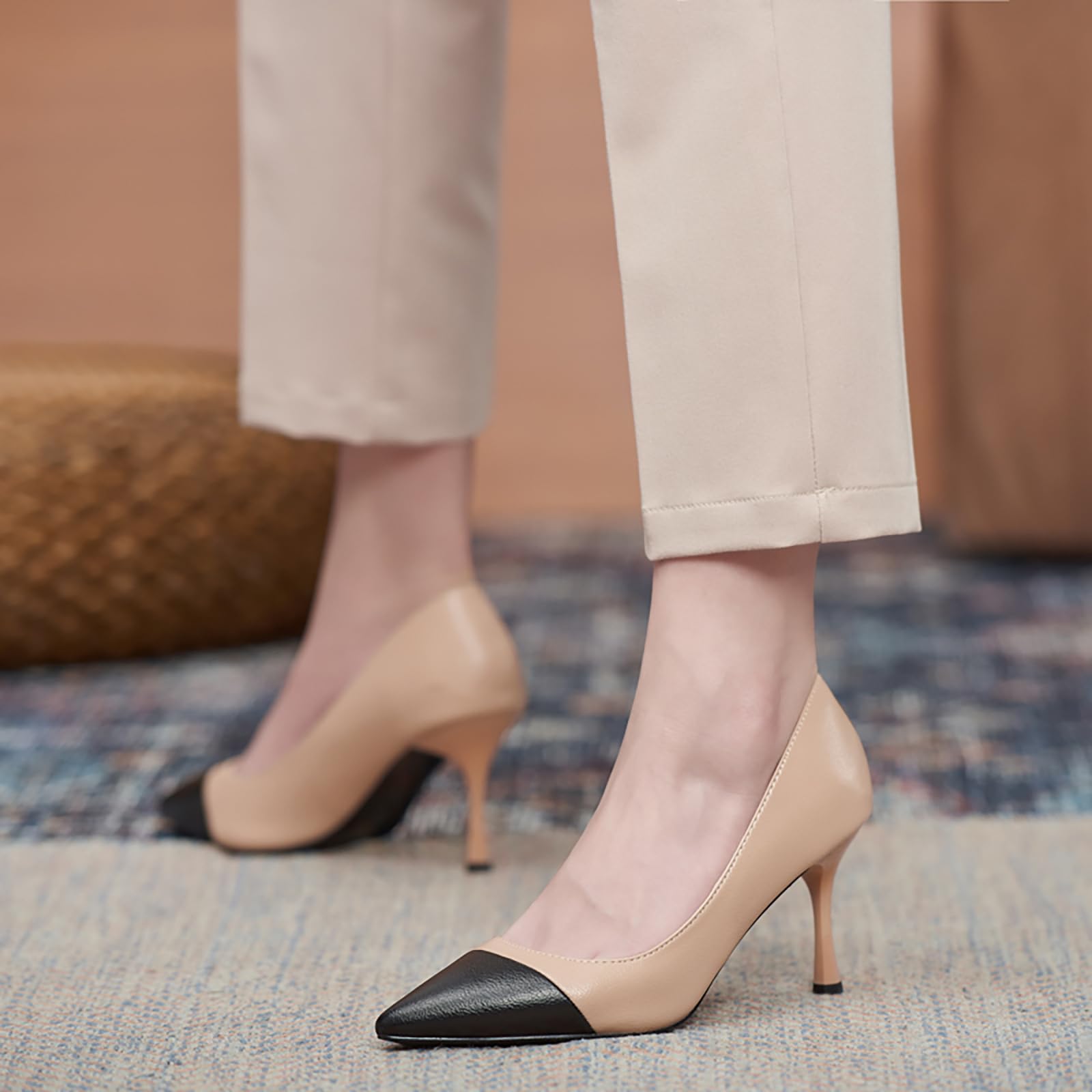 Zapatos de Tacón Bicolor - Punta Negra & Cuerpo Desnudo, Disponibles en Charol & Ante con Tacones 5cm/7cm, Tallas 34-43