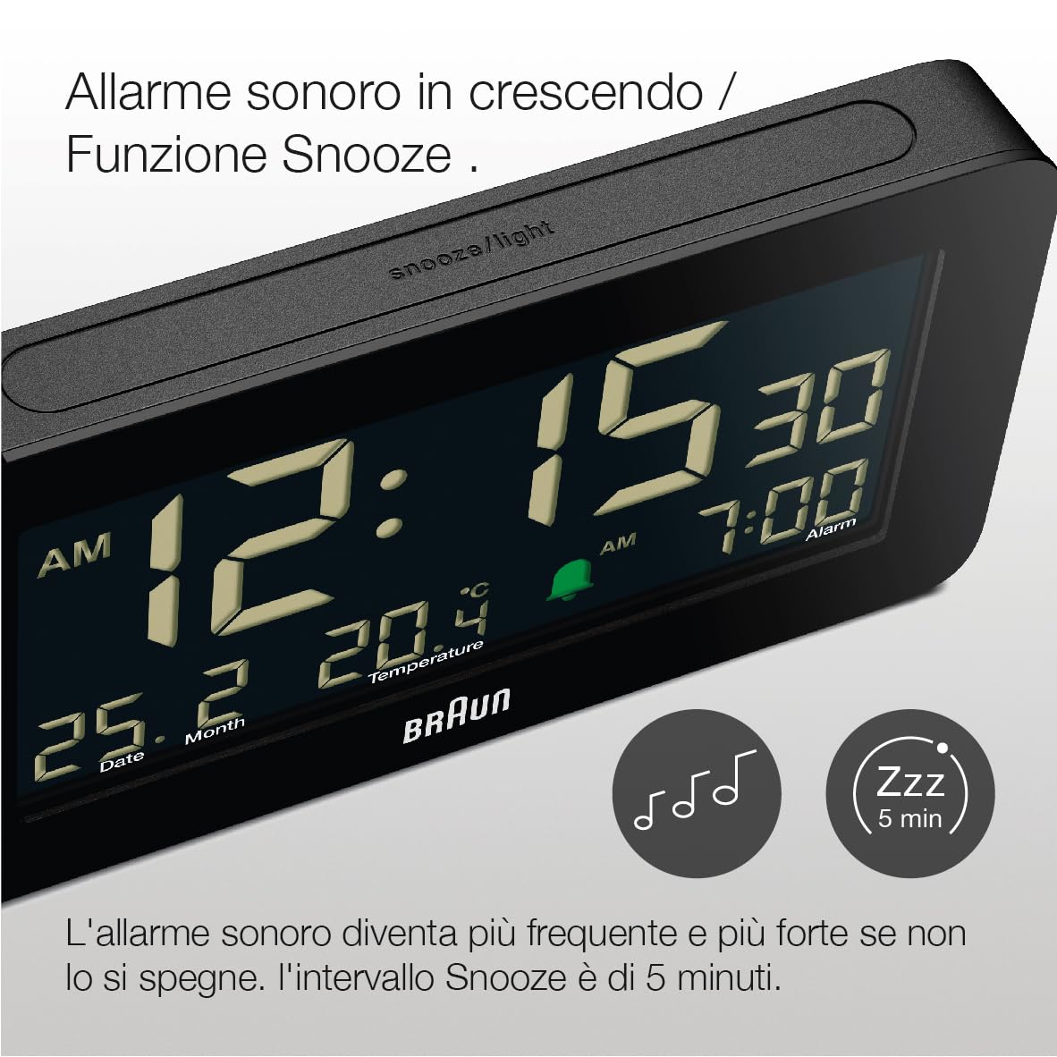 Braun Sveglia Digitale con Visualizzazione di Data, Mese e Temperatura, Display LCD Negativo, Impostazione Rapida, Sveglia Bip Crescendo in Nero, Modello BC10B (1 Confezione)