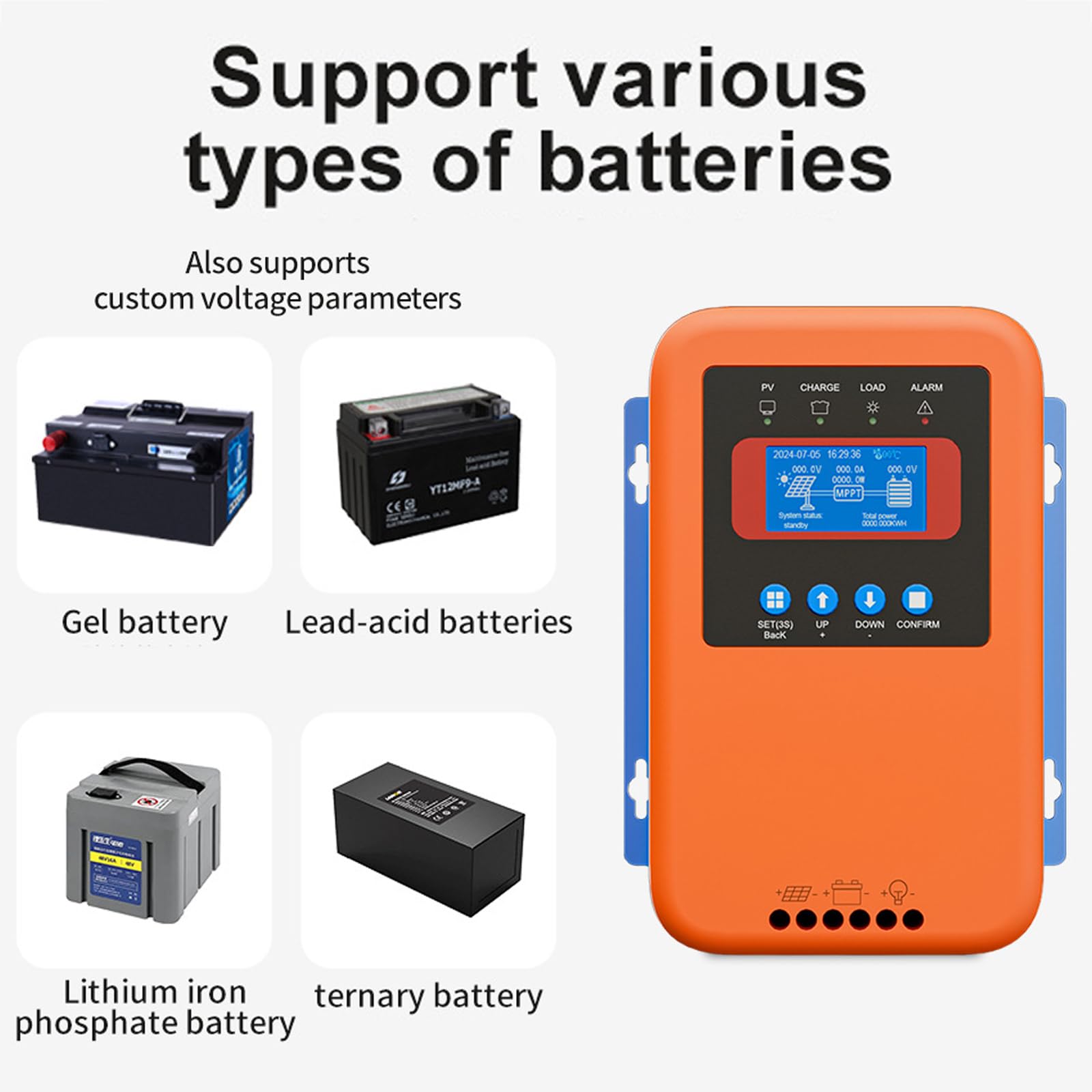 Kontroler ładowania słonecznego MPPT, inteligentny regulator słoneczny z wyświetlaczem LCD i automatycznym rozpoznawaniem napięcia 12 V/24 V/36 V/48 V, 99% sprawnością konwersji