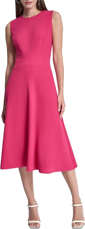Women's Sleeveless Jewel Neck Scuba Crepe Fit and Flare Dress