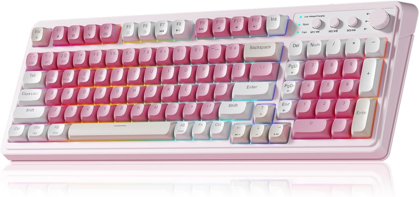 AULA 99 Key Keyboard, Wireless Gaming Keyboard Bluetooth Computer Keyboards Creamy Cute with Number Pad RGB Backlit Tri-Mode BT/2.4GHz/USB-C – Pink AULA 99 Key Keyboard, Wireless Gaming Keyboard Bluetooth Computer Keyboards Creamy Cute with Number Pad RGB Backlit Tri-Mode BT/2.4GHz/USB-C – Pink