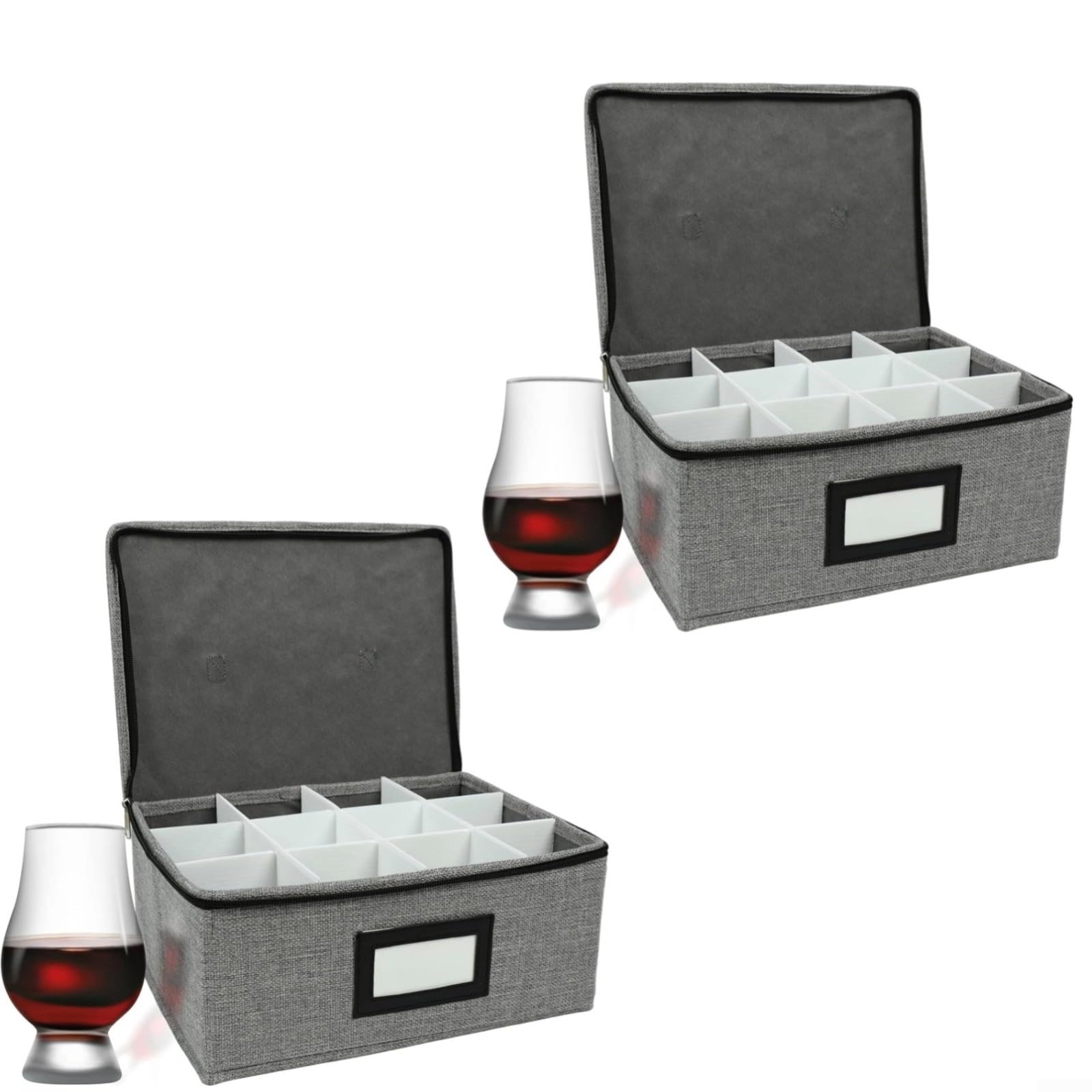 Lot de 2 boîtes de rangement en verre avec 12 compartiments et poignées, empilables, étanches à la poussière, boîte de rangement pour verres à vin avec couvercle pour la cuisine ou la