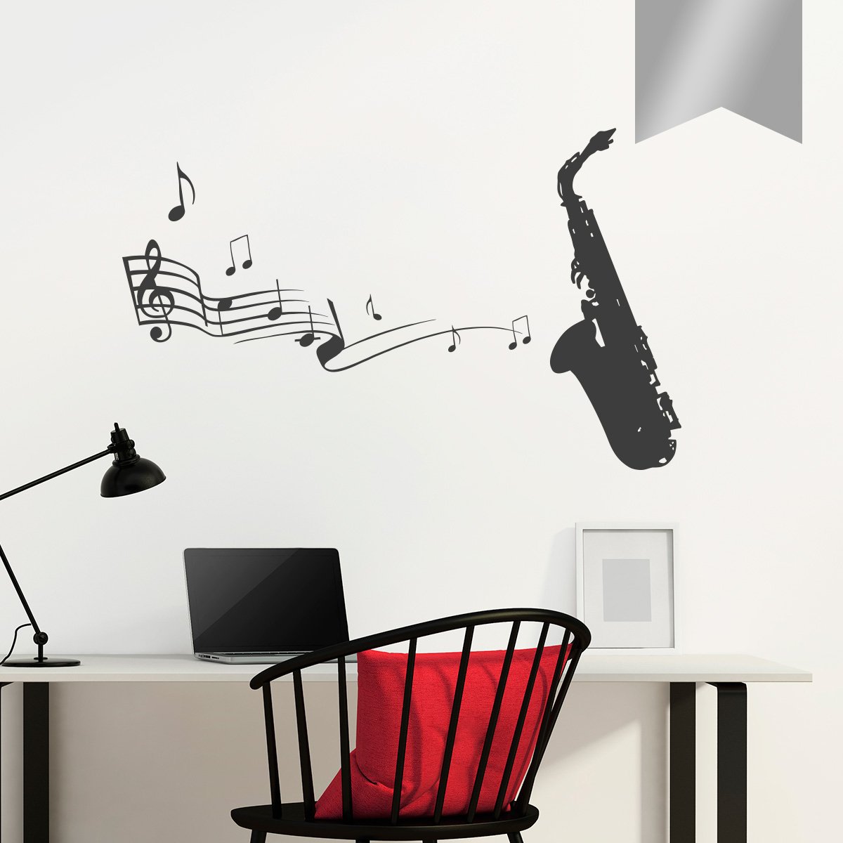 Wandtattoo Saxophon mit Musiknoten 100 x 60 cm Silber - erhältlich in 33 Farben
