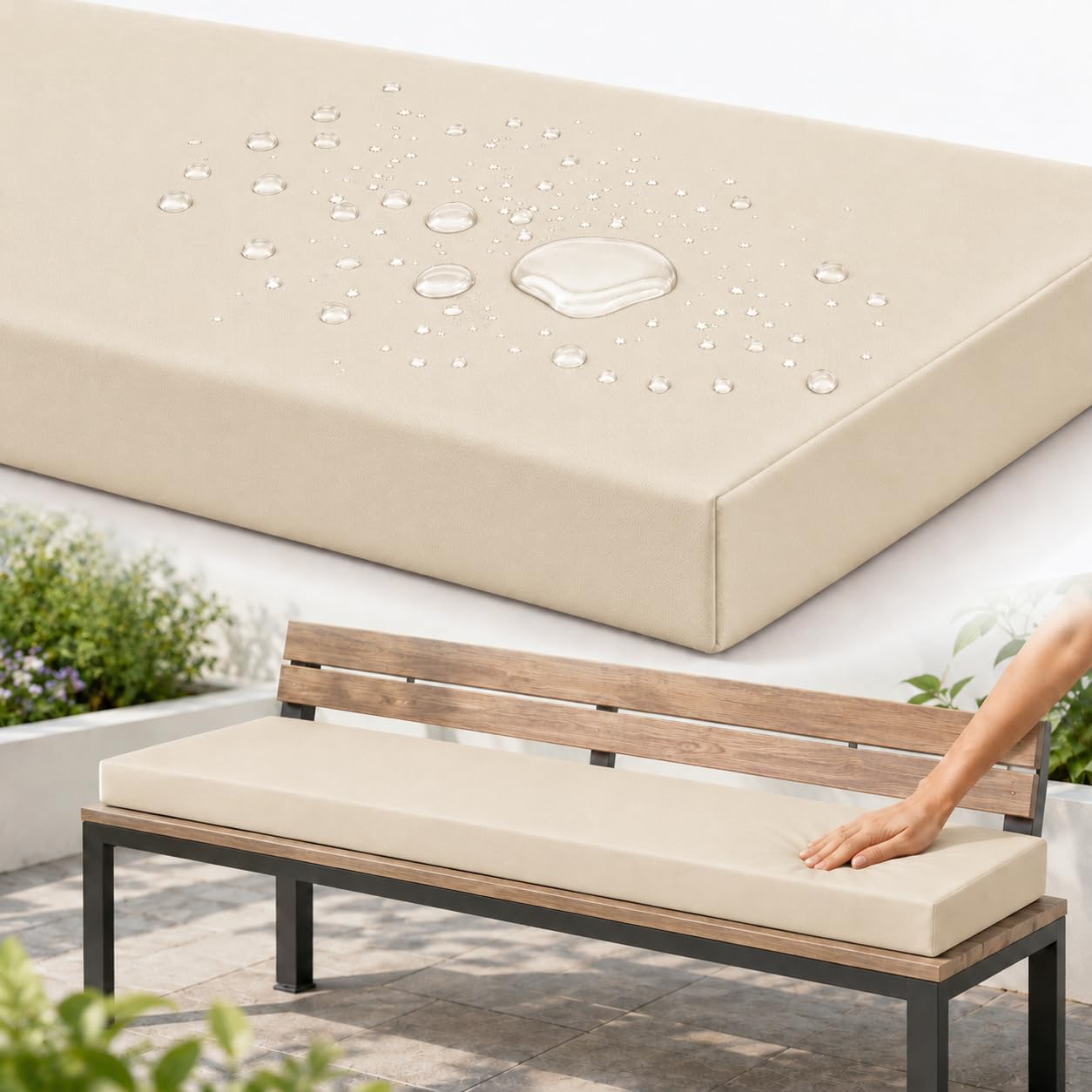 AZMAHT Bench Cushion Outdoor, Garden Bench Cushion with Waterproof Polyester Cover, 50D Foam, Non-Slip Base, 2 Ties, Removable Zip Cover for Patio, Bay Window, Garden Swing,Cream,140x55x5cm โ image 1