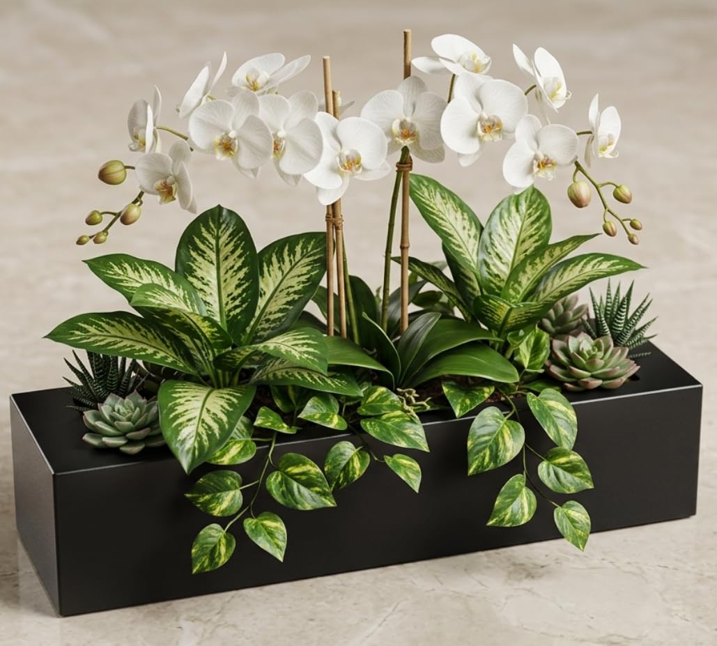 Photo 1 of (Plants Not Included)QUHUATU Premium Rectangular Floral Decorative Piece—Indoor/Outdoor Matte Rectangular Planter—Perfect for Various Realistic Greenery Decorations to Enhance Homes and Gardens (Plants Not Included)