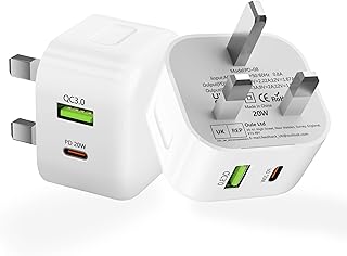 【2 Pack】iPhone Charger Plug，20W Dual Ports USB Type C PD Fast Charger USB 18W QC 3.0 Charger Plug Adapter UK for iPhone 14/14 Pro Max/13/12,Pixel,Galaxy,iPad/iPad Mini,and More (Cable Not Included)