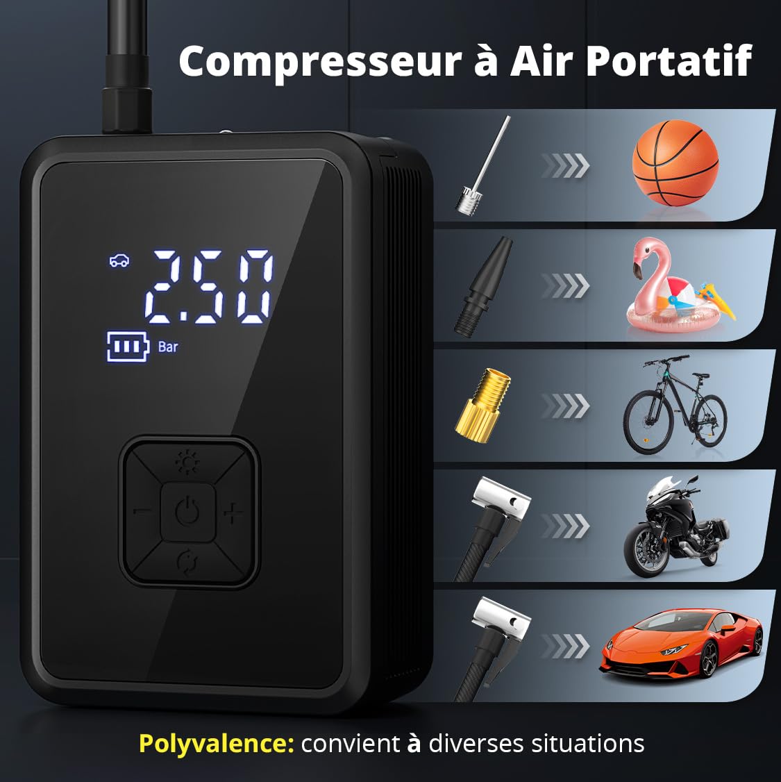 Oasser Gonfleur Pneus Voiture sans Fil Mini Compresseur à Air Portatif 150 PSI (10,3 Bar) Inflation Rapide Cylindre 17 mm Type-C USB Charge avec Tuyau de 30 cm et Sac de Rangement