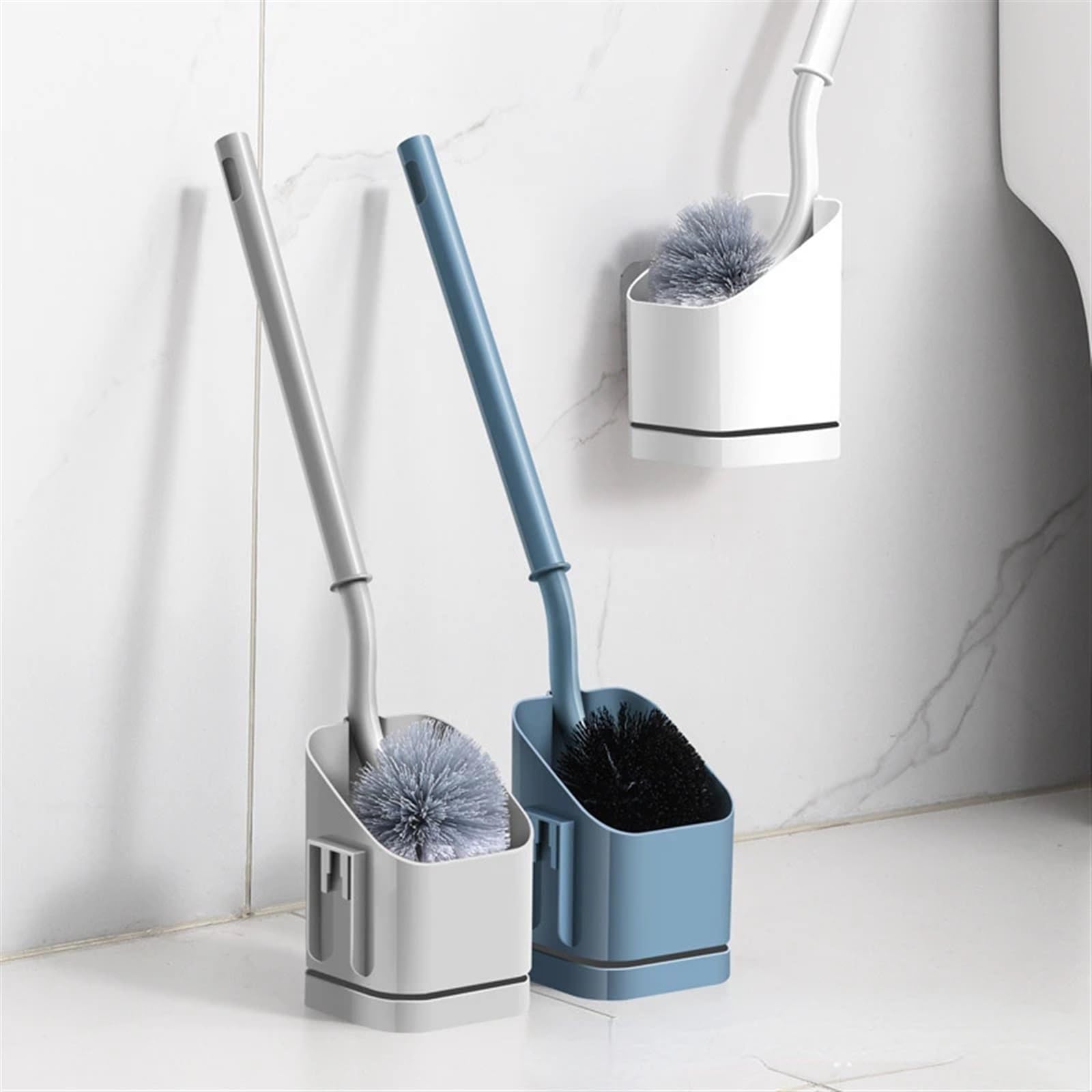 Cepillo de inodoro multifunción sin esquinas muertas, cepillo de pelo suave de mango largo con combinación de base (azul oscuro) (un color blanco)