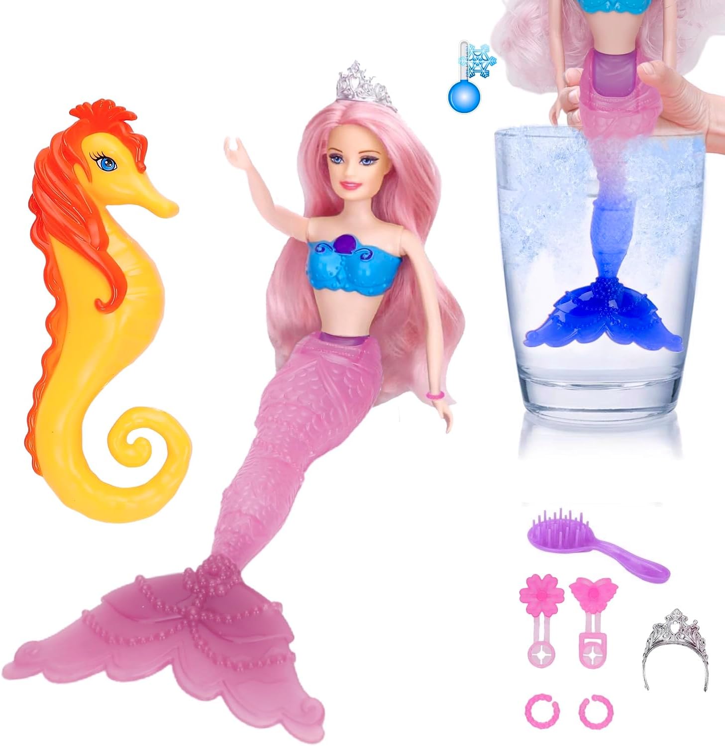 Yellow River Meerjungfrau Puppe Mit Farbwechsel-Schuppen - 30cm Spielset Mit Delphin & Zubehör