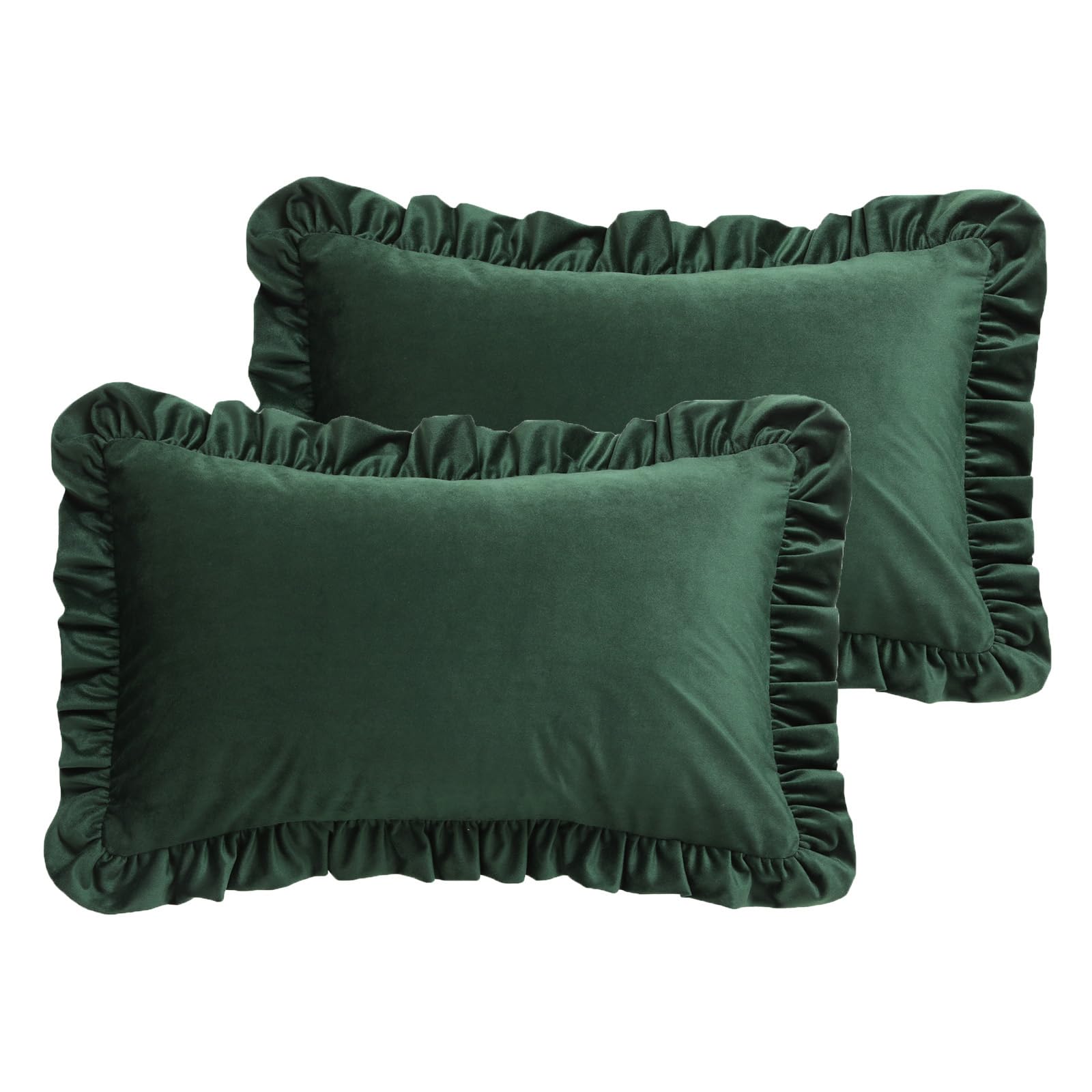 Photo 1 of patdrea Vintage Designer Dark Green Throw Pillow Covers 12"x20" Set of 2,Soft Velvet Durable Lumbar Pillows Cover with Ruffles,Farmhouse Decorative Pillow for Bed Living Room Car Outdoor
