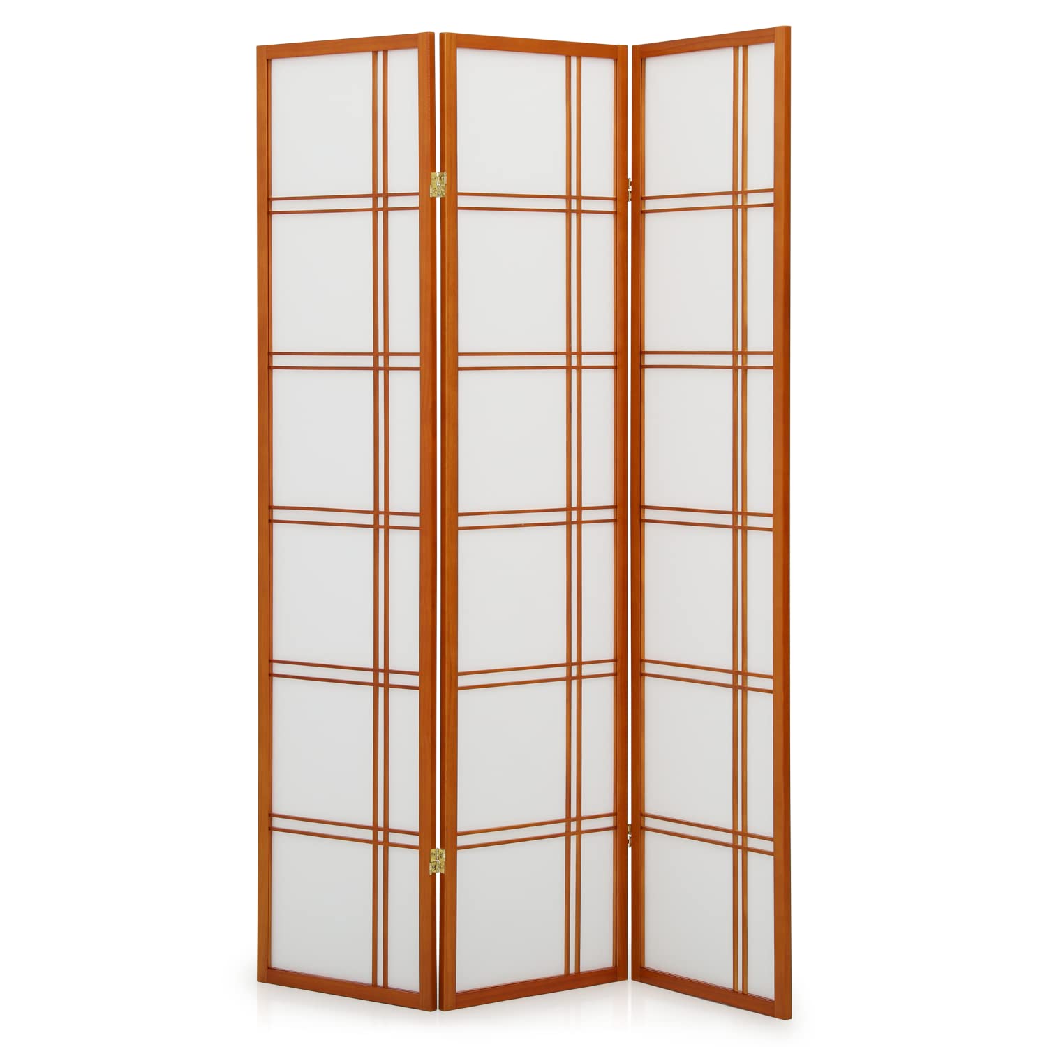 MoNiBloom Tall Double Cross Room Divider with 3 Panel 5.9ft Grid Style Folding Freestanding Shoji Partition Privacy Screens for Furniture Indoor Bedroom, Walnut