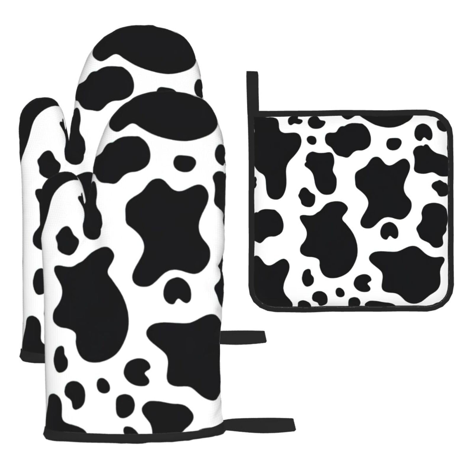 Black And White Cow Print Oven Kitchen Gloves For Baking Outdoor Grilling Home Use Mitts Microwaving Bbq