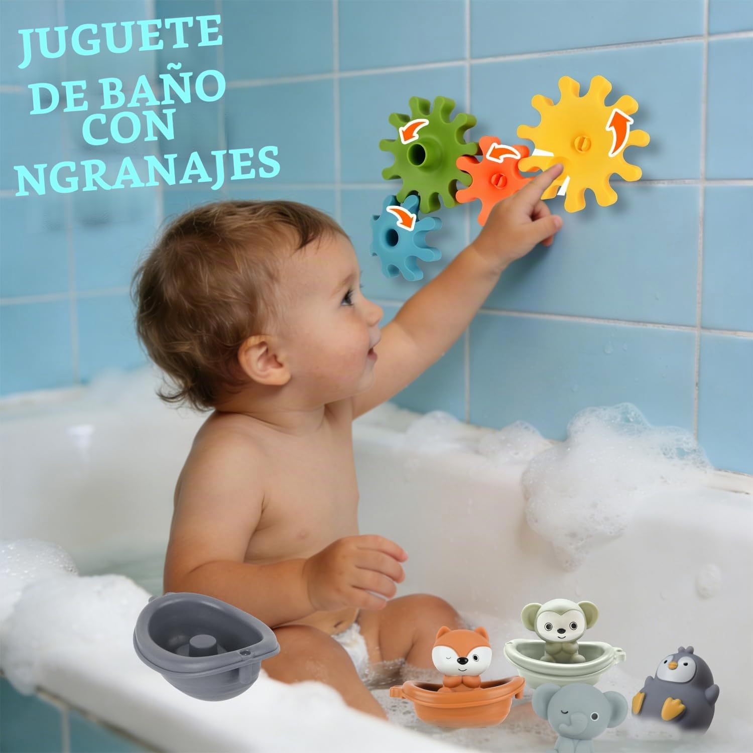 Juguetes Baño Bebe, Juguetes Bañera con Tobogán, Engranajes, Barcos Apilables y Bolsa de Almacenamiento, Juguetes para Baño Juegos de Agua Juguetes Educativos Regalos para Niños Niñas 1 2 3 4 Años