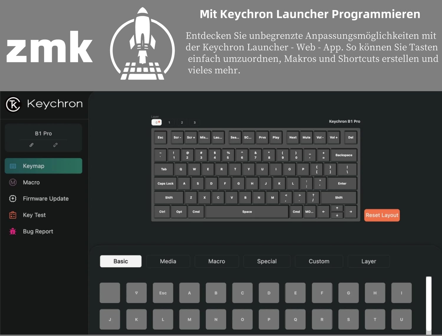 Keychron B1 Pro Ultra-Dünne Drahtlos-Tastatur, 75% DE-ISO-Layout 3 Moden 2.4GHz/Bluetooth/Wired ZMK-Customisierung Scherefuß-Tastendesign Tastendämpfung kompatibel mit Windows/Mac, Weiße