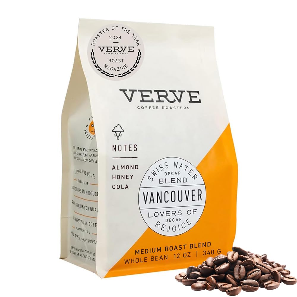 Verve Whole Bean Coffee | Vancouver Swiss Water | Decaf Coffee | Medium Roast | Espresso Coffee | Direct Trade | Resealable Pouch | Enjoy Hot or Cold Brew | 12oz Bag