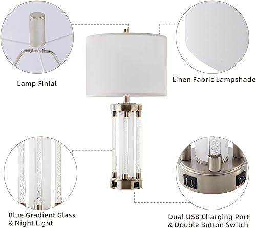 Miniatura 5 de RORIA Juego de 2 lámparas de mesa modernas para sala de estar, dormitorio, lámpara de mesita de noche con 2 puertos USB, lámpara de noche de cristal
