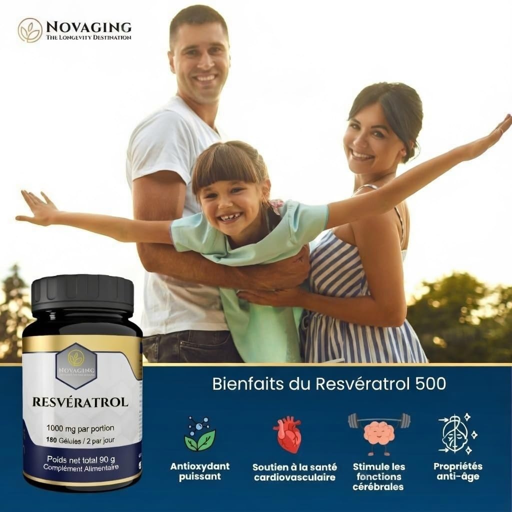 Resvératrol Pur 98%, 180 Gélules Vegan, 3 mois de cure. | Extrait de Polygonum Cuspidatum. Précisément dosé. Testé Sans OGM ni Allergènes. NovAging®