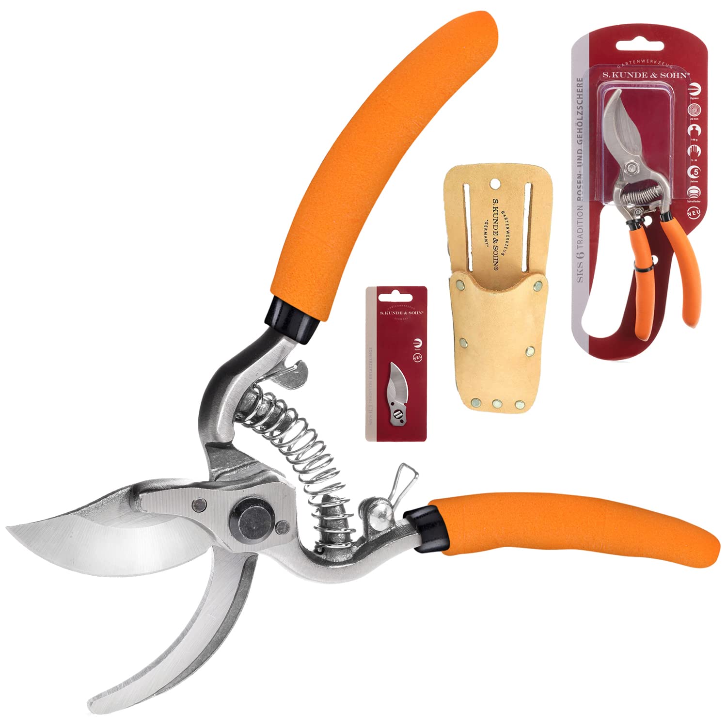 S. Kunde & Sohn Germany – SKS 6 Tradition Gartenschere orange + SKS T1 Trageetui + Ersatzklinge GRATIS