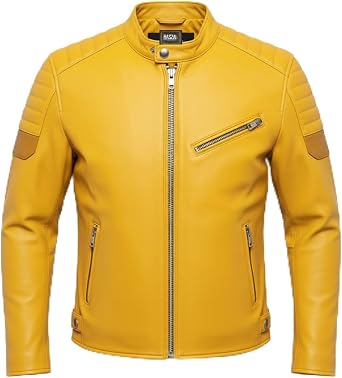 Mens Yellow Genuine Leather Motorcycle Jacket Classic Biker Style Coat