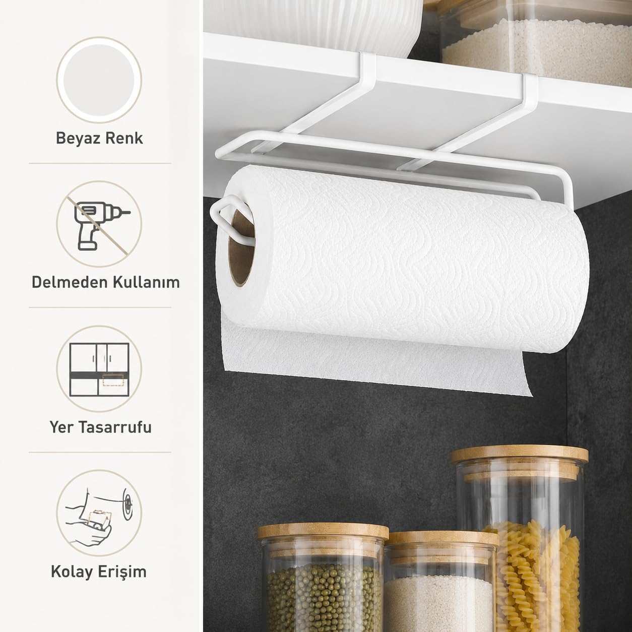 Alper Banyo BPratik Solo Havluluk Beyaz, Dolap Altı Kağıt Havlu Tutucu, Delmeden Montajlı Mutfak Rulo Havluluk, Askılı Metal Düzenleyici