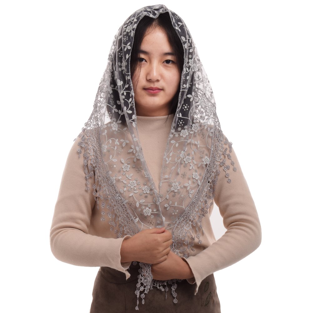 Blessume Women's Grey 1Pc Mantilla Catholic Veil Lace Chapel Triangle Church Latin Mass Shawl (Grey)