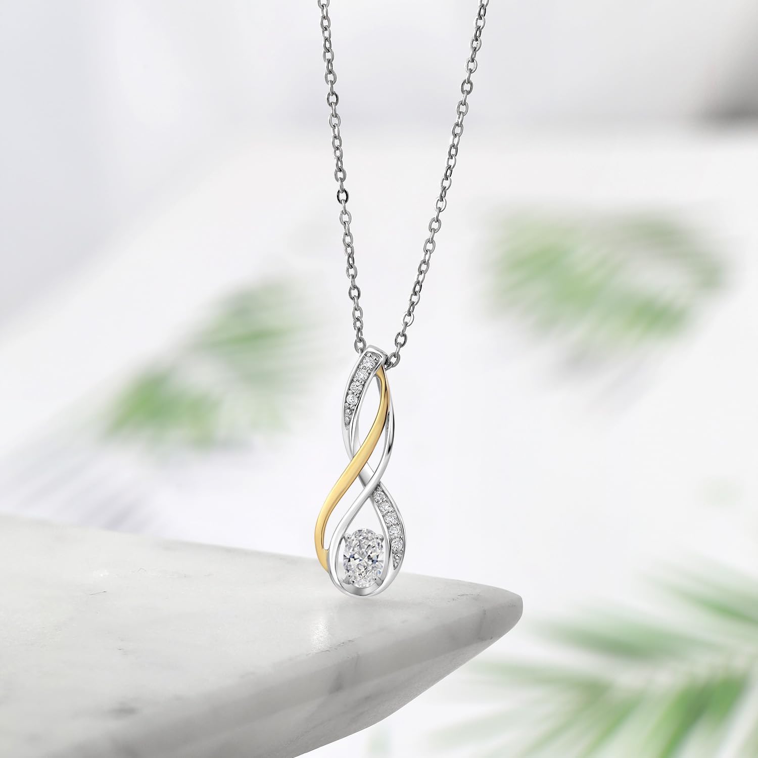 Gem Stone King 2-Tone Oval Pendant Necklace for Women | 10K Yellow Gold and 925 Sterling Silver | 6X4MM Oval Gemstone Birthstone and White Lab Grown Diamond | With 18 Inch Silver Chain - Image 4