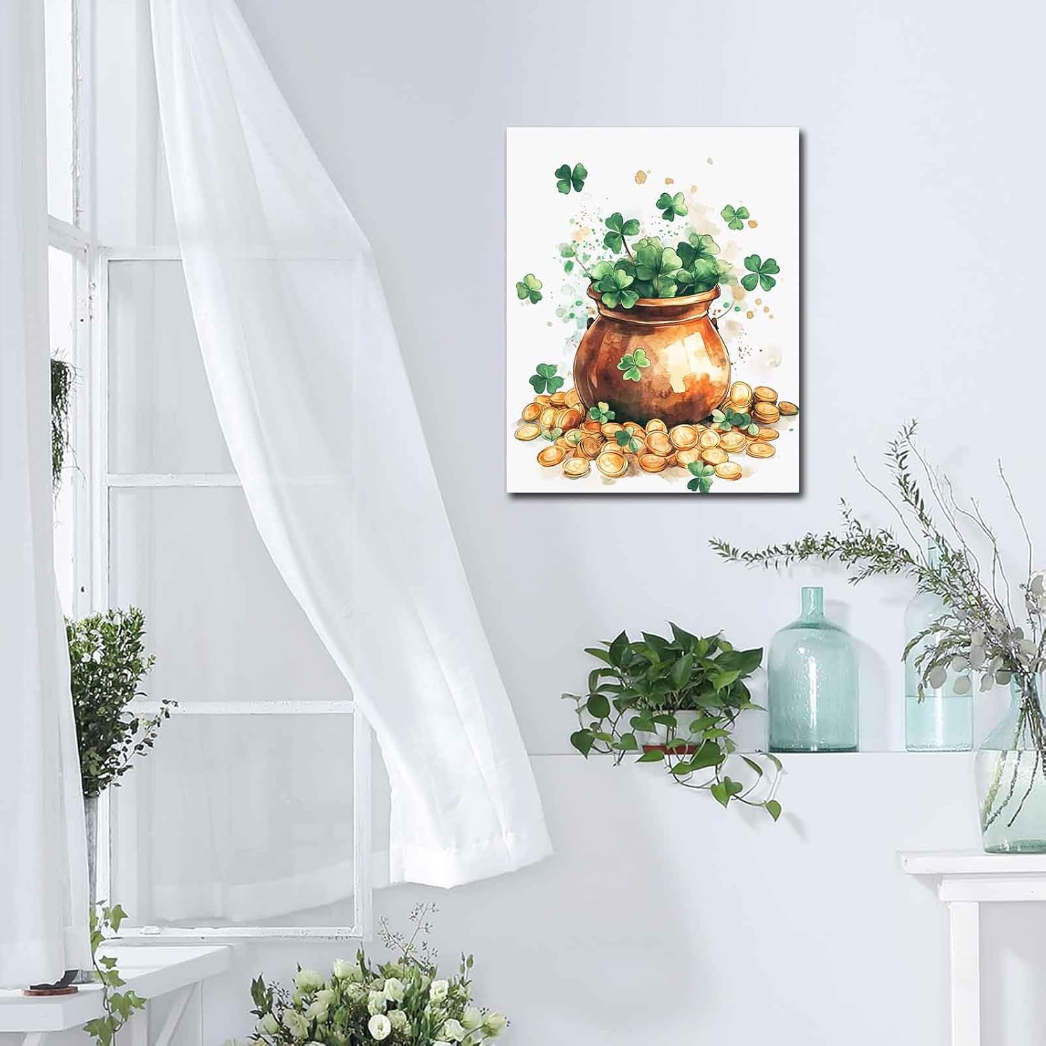 NTEUMM Golden Pot of Gold and Shamrocks Canvas Wall Art St. Patrick’s Day Wall Art for Irish Shamrock Print Spring Home Living Room Bedroom Wall Decor Painting Canvas Roll 24x30 inch