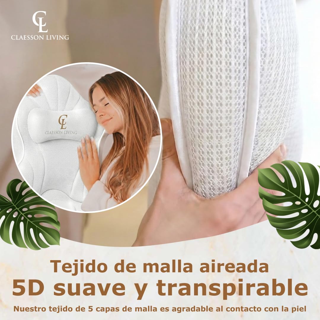 Cojin bañera (126x41cm) - Almohada bañera con apoyacabezas (13cm) y Soportes para el Cuello, Espalda y piernas – Incluye: Bath Pillow, Bolsas de Lavado y de Viaje, Gancho para Secado rápido Blanco