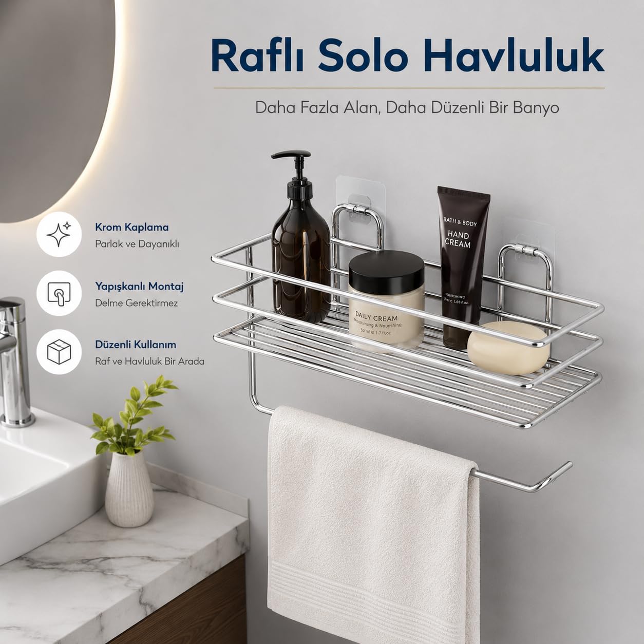 Alper Banyo Raflı Solo Havluluk Krom, Yapışkanlı Banyo Rafı ve Havlu Askısı, Paslanmaya Dayanıklı Krom Kaplama Duvar Rafı, Şeffaf Yapışkanlı Taşıyıcılı Banyo Düzenleyici