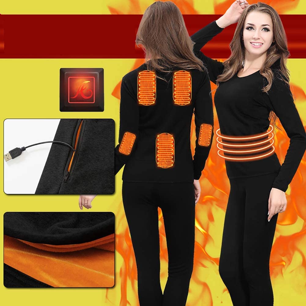 Kobiety izolowana podgrzewana bielizna, ładowanie podgrzewane, zmywalne ogrzewanie elektryczne miękkie ubrania, Outdoor Camping piesze wycieczki polowanie (Color : czarny, Size : XXL)