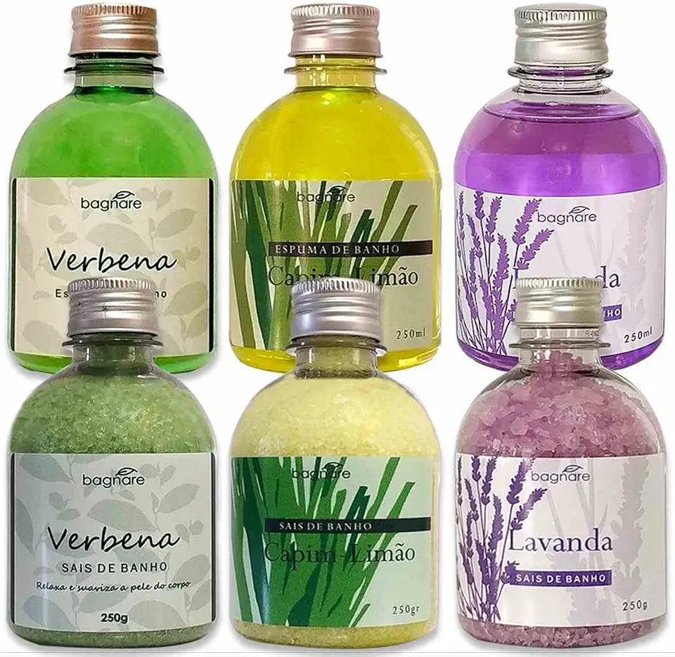 Kit 3 Sais De Banho E 3 Espumas P/banheira Hidromassagem Ofuro Relaxante 250ml cada Lavanda Verbena Capim Limão
