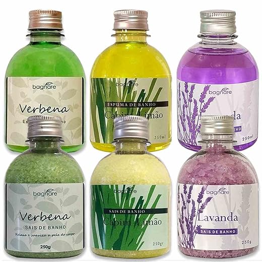 Kit 3 Sais De Banho E 3 Espumas P/banheira Hidromassagem Ofuro Relaxante 250ml cada Lavanda Verbena Capim Limão