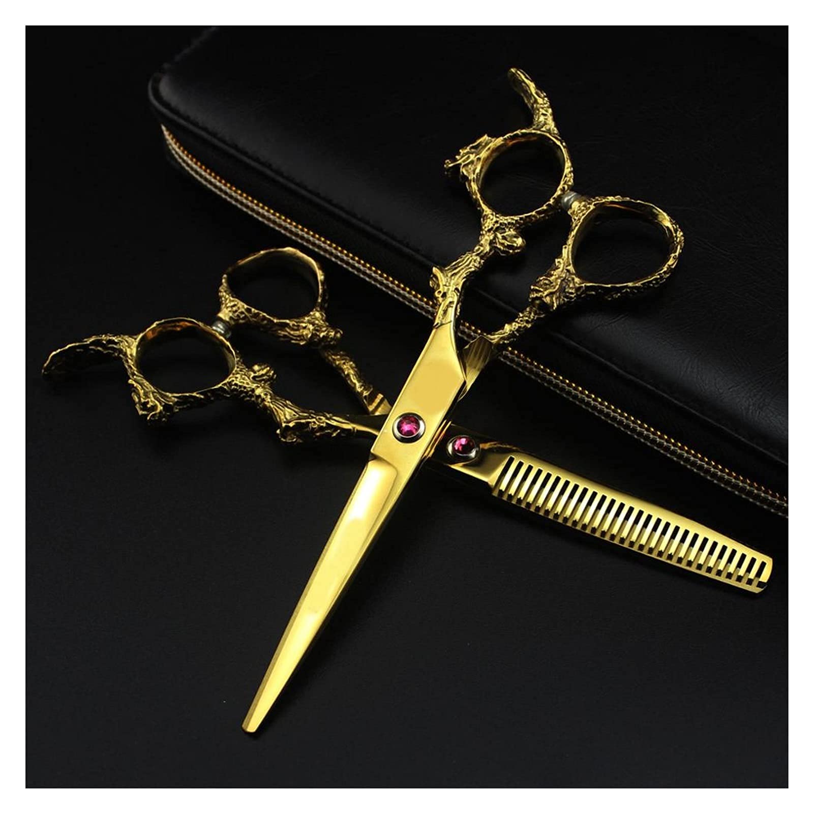 Ciseaux de coiffure dorés 6 pouces contre les cheveux rebelles avec ciseaux amincissants et sac