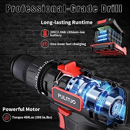 Image of PULITUO Cordless Drill Set, 20V /2.0Ah Electric Power Drill, Torque 45N.m, 25+1 Torque Setting,1 /2 inch Keyless Chuck, 2 Variable Speed Setting, with 43 PCS Bits, Storage Bag
