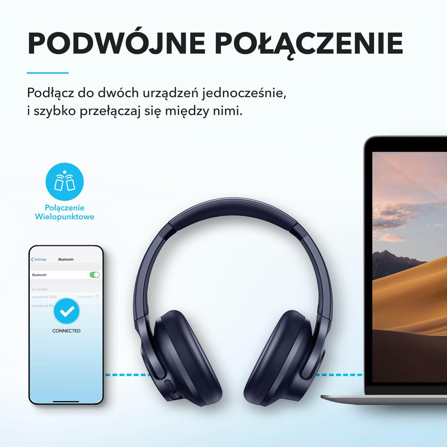 Słuchawki hybrydowe Soundcore by Anker Q20i(odnowiona) z aktywną redukcją szumów, bezprzewodowe nauszne Bluetooth, 40-godzinny czas odtwarzania ANC, dźwięk o wysokiej rozdzielczości, mocny bas