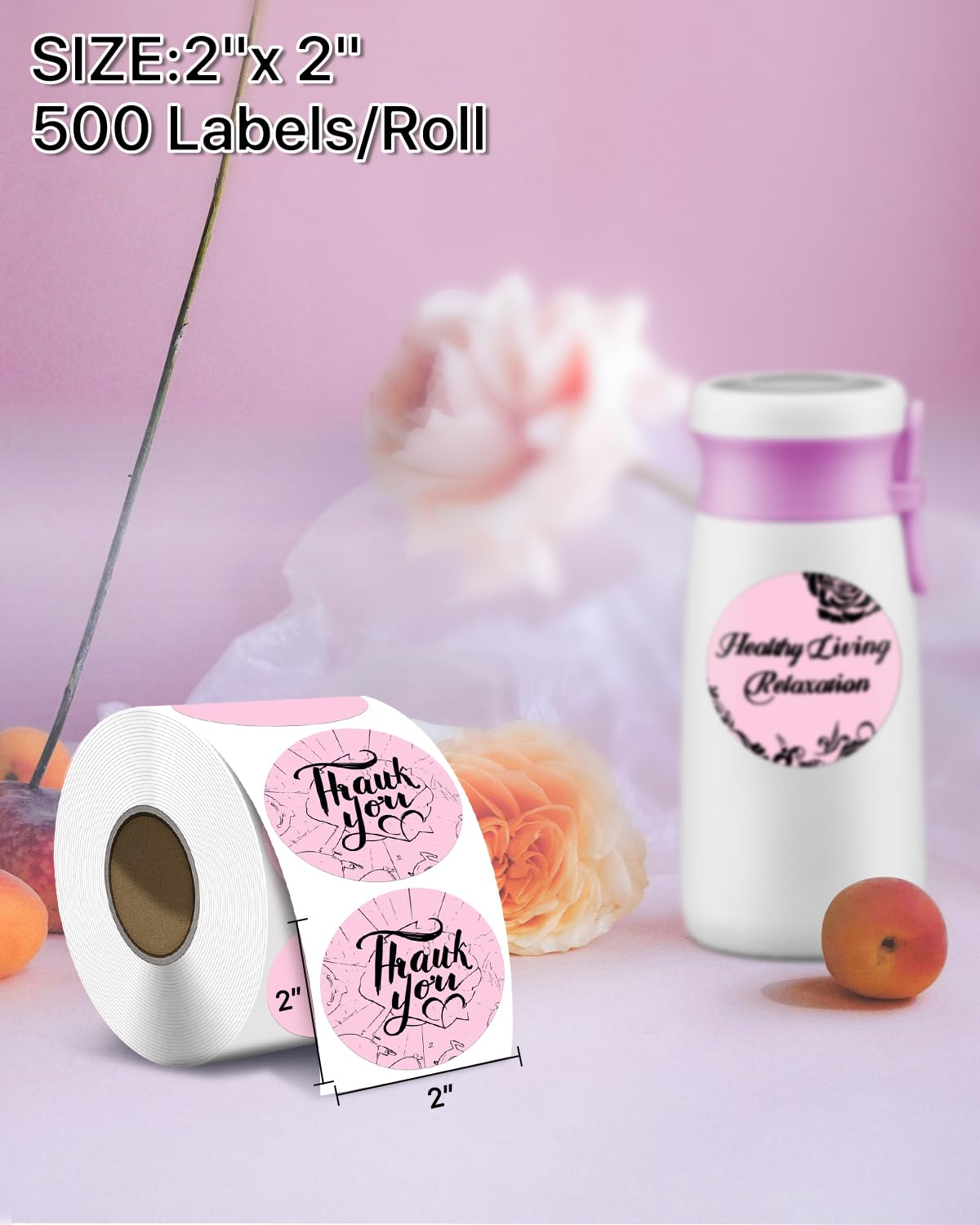 iEager Etiquetas adhesivas térmicas circulares de 5 cm, etiquetas térmicas directas redondas autoadhesivas, rollo de calcomanías térmicas multiusos, 500 etiquetas, rosa