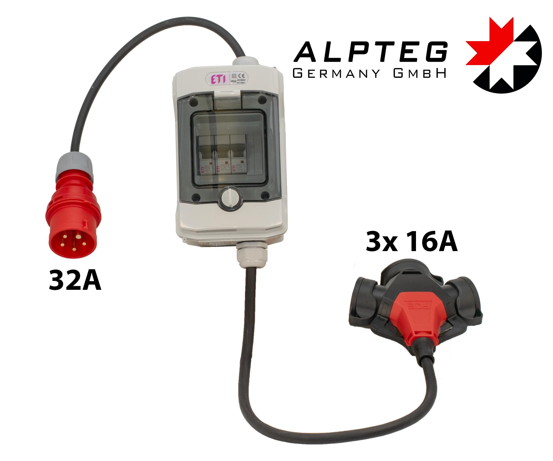 Adapter 5-Pol CEE Stecker 32A auf 3-Schuko Kupplung 16A H07RN-F 5G2,5 | A017