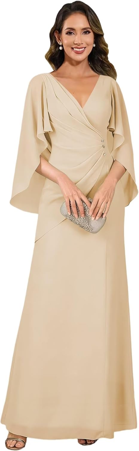 Women's Chiffon Pleated Mother of The Bride Dresses Floor Length V Neck Formal Evening Dress AS054