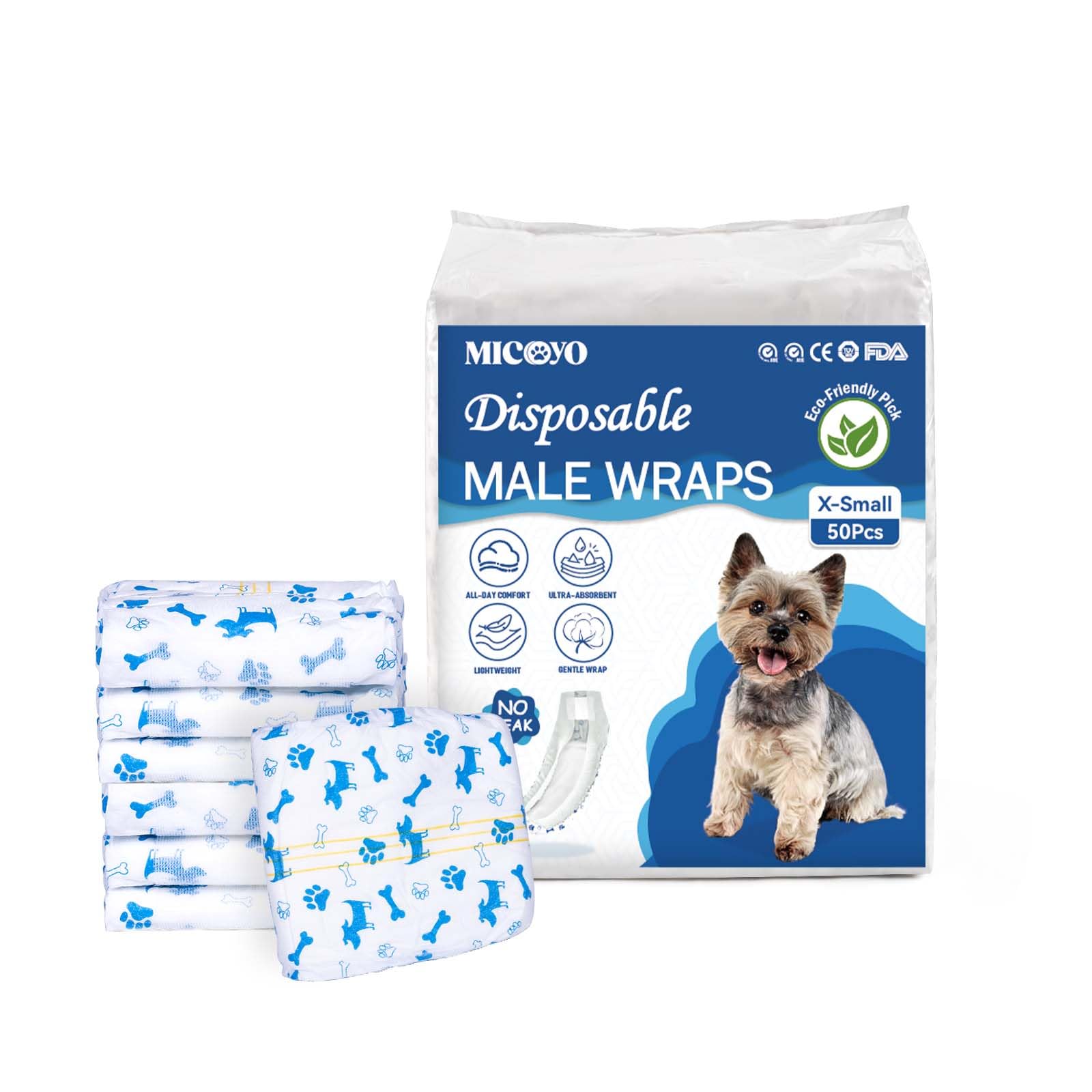 MICOOYO Pañales desechables para perros machos – Pañales para perros machos y cachorros, envolturas súper absorbentes para perros machos con indicador de humedad (XS, paquete de 20)
