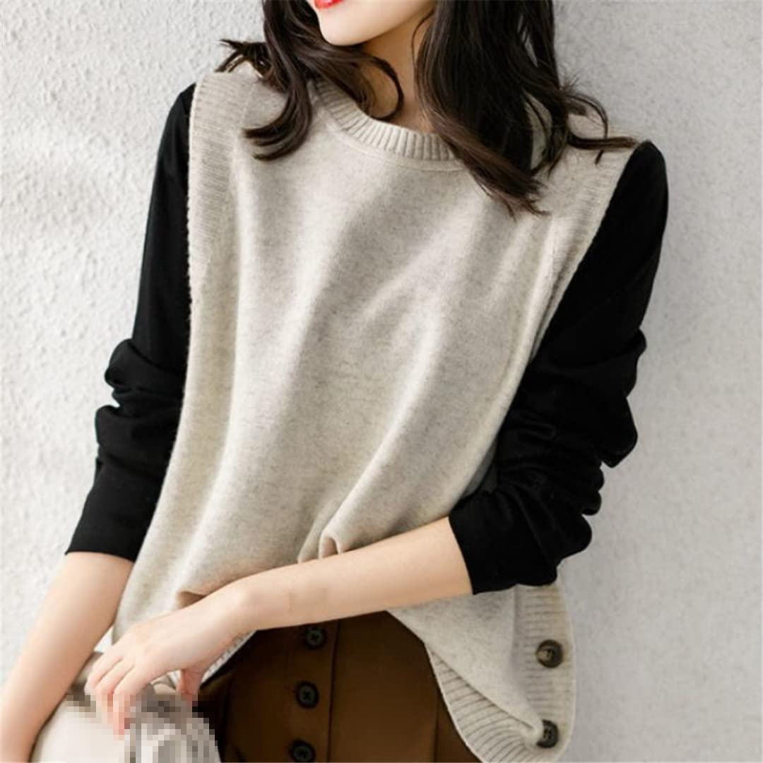 Alloaone Pull sans manches à col rond pour femme - Pull en tricot ample et élégant avec bouton latéral