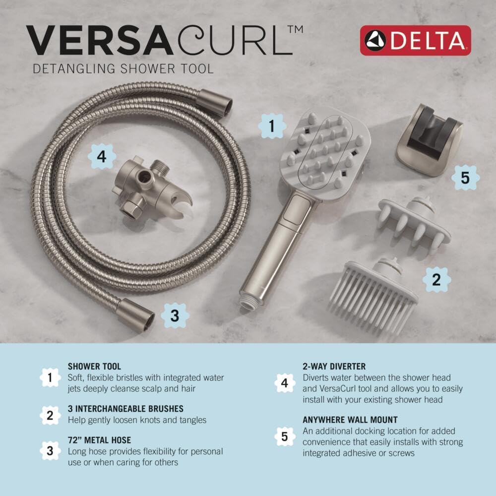 Delta VersaCurl Detangling Handheld Shower Head Tool for Curly Hair with 3 Curl Defining Brush Inserts Included, Detangler Brush Hand Shower with Hose, Spotshield Brushed Nickel 74B430SN