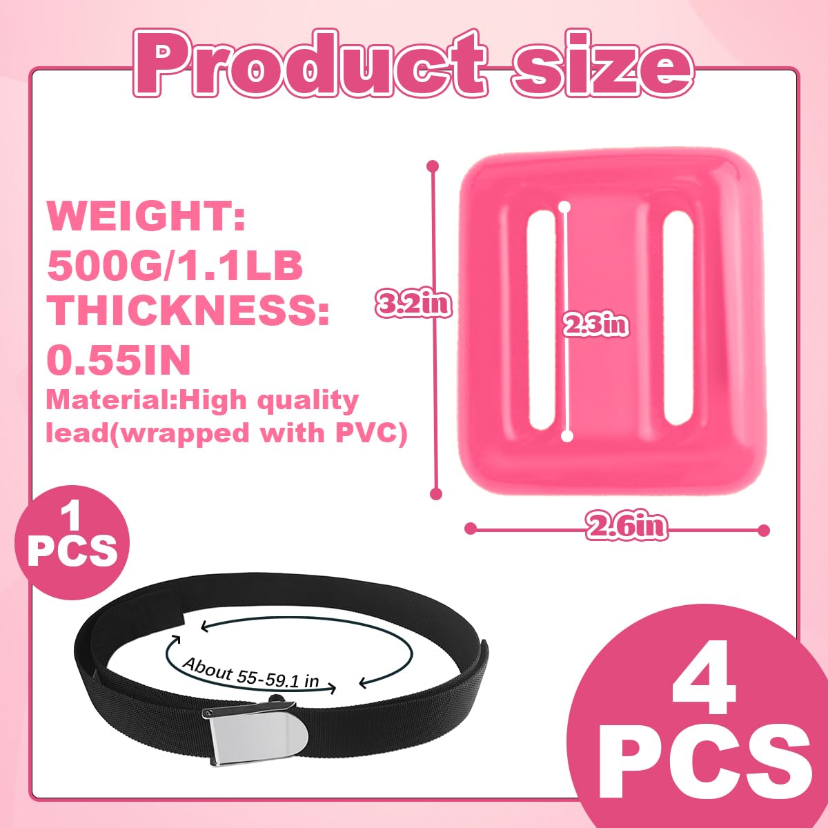 4 cinture per pesi da immersione, con blocco di peso rivestito in nylon, pesi da 0,5 kg, cintura per immersioni in apnea, cintura con fibbia in metallo per immersioni subacquee