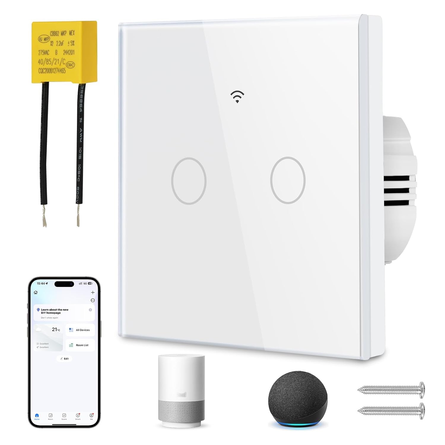 proAMEDEN Interruptor de luz inteligente WiFi 2/Gang NO NECESITA NEUTRO, panel de vidrio, interruptor táctil WiFi 2,4 GHz, control remoto Smart Life/Tuya, funciona con Alexa, Google Home, Blanco[1pc].