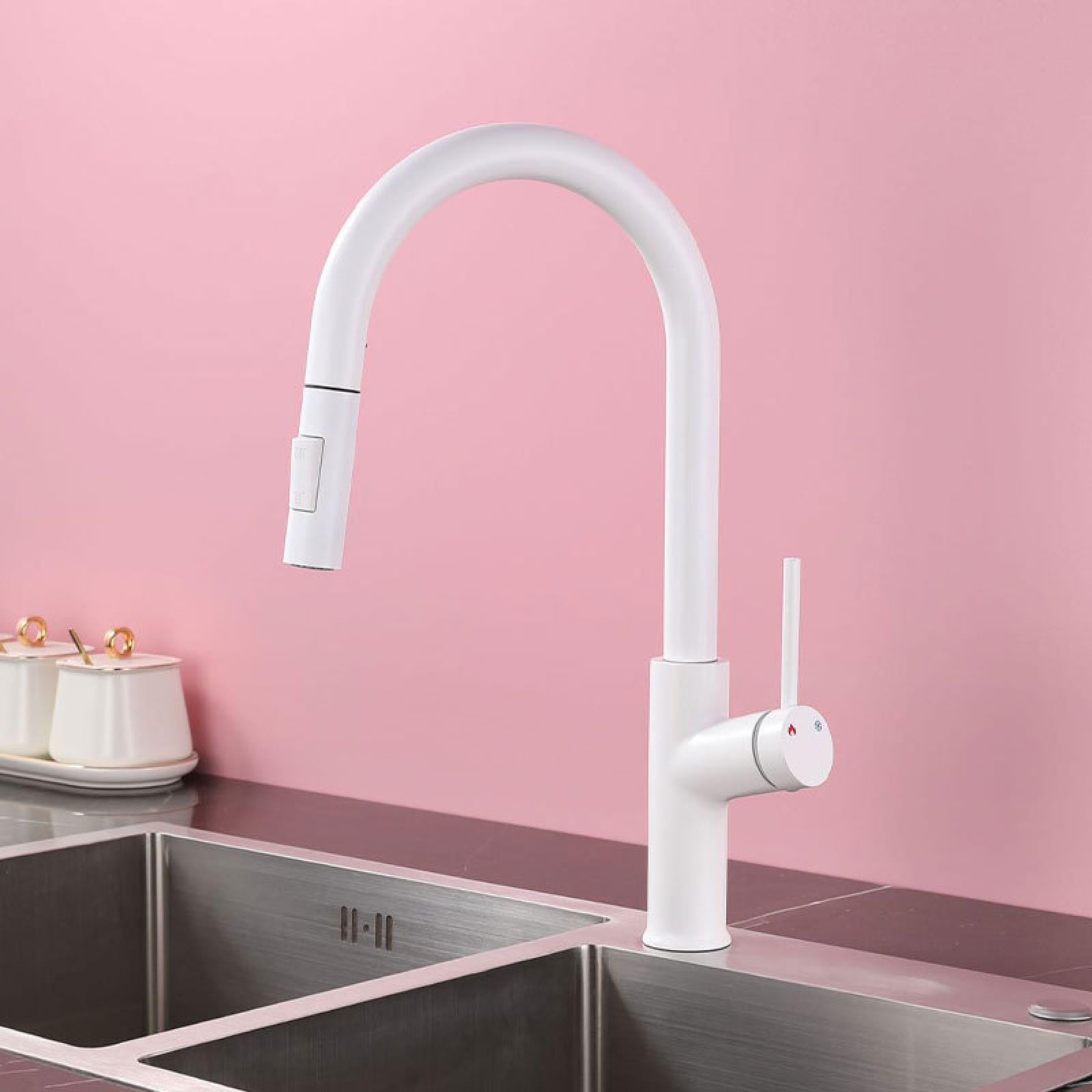 Fanjubei Milky White 304 Stainless Steel Rotating Pull-Out Hot And Cold Kitchen Faucet,